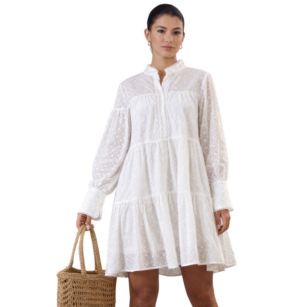 ASA Fashion Roiii Eyelet‎ Tiered Shabby Chic Babydoll Dress Womens Medium White
